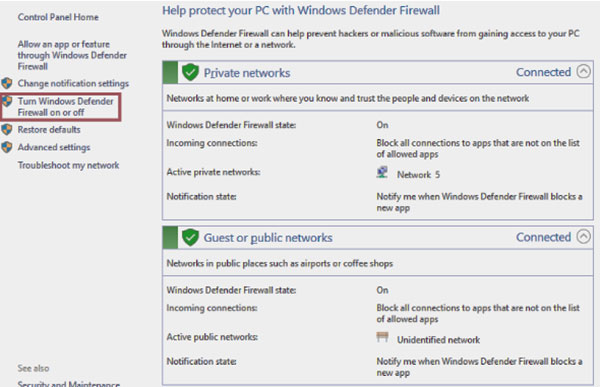 Click vào Turn Windows Defender Firewall On or Off