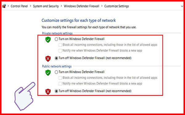 Lỗi chưa tắt Windows Defender Firewall